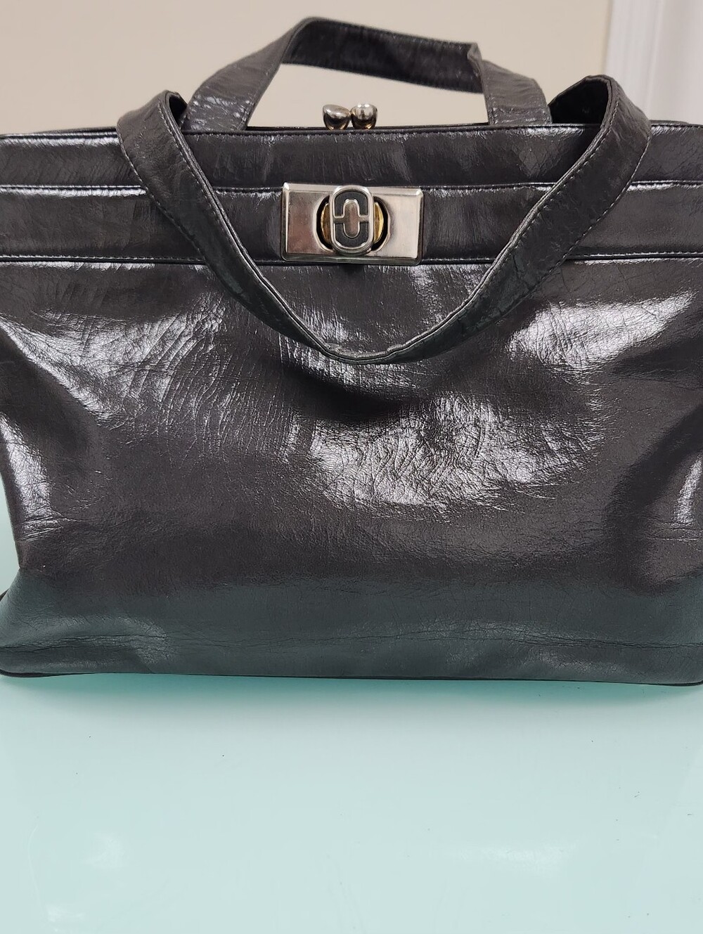 Vintage Gray Leather Top-Handle Bag